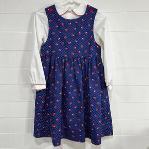 Her Majesty Vintage Strawberry Dress girls size 10 Peter Pan collar Navy Blue